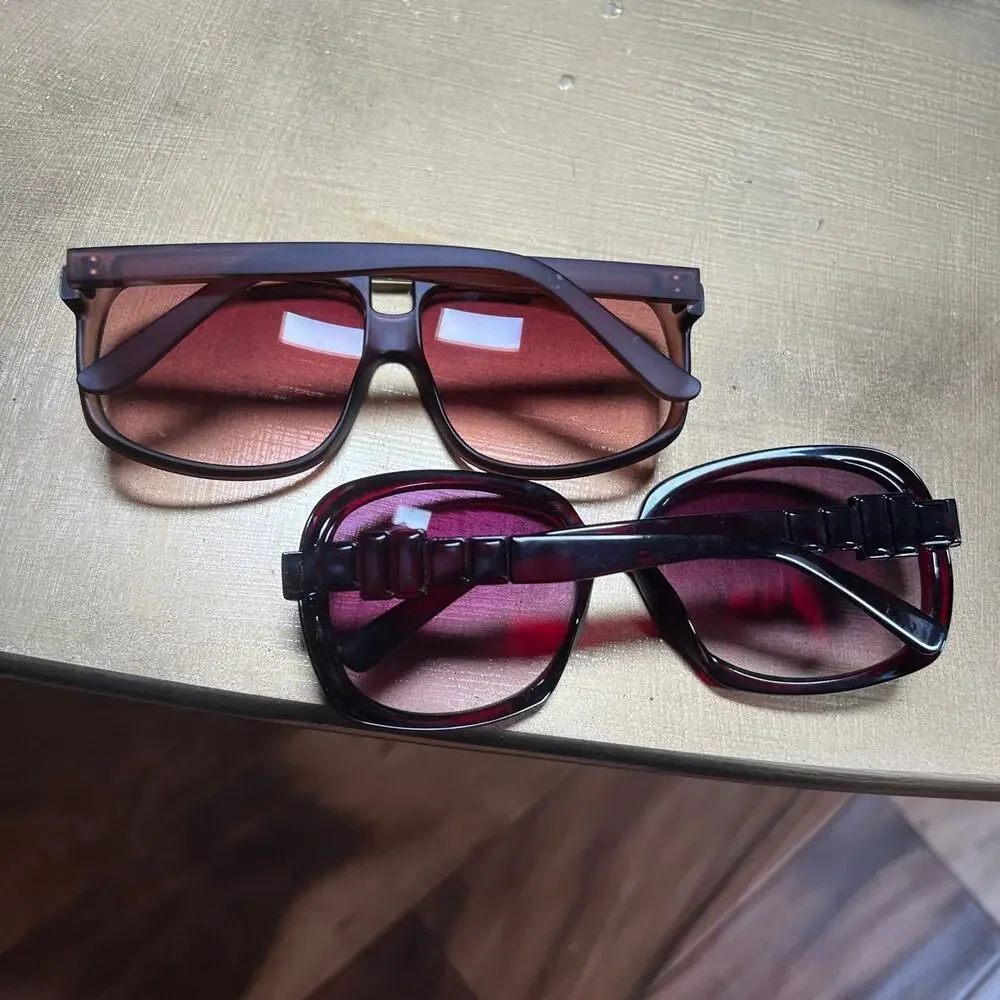 Lot of 2 Fashion Sunglasses Oversized Oval & Square Frames Maroon Brown UV Style